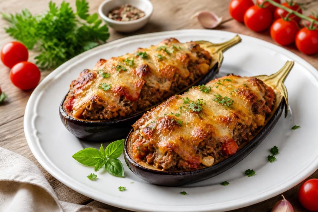découvrez notre recette simple et gourmande d'aubergine farcie au four, parfaite pour un repas savoureux et facile à préparer.