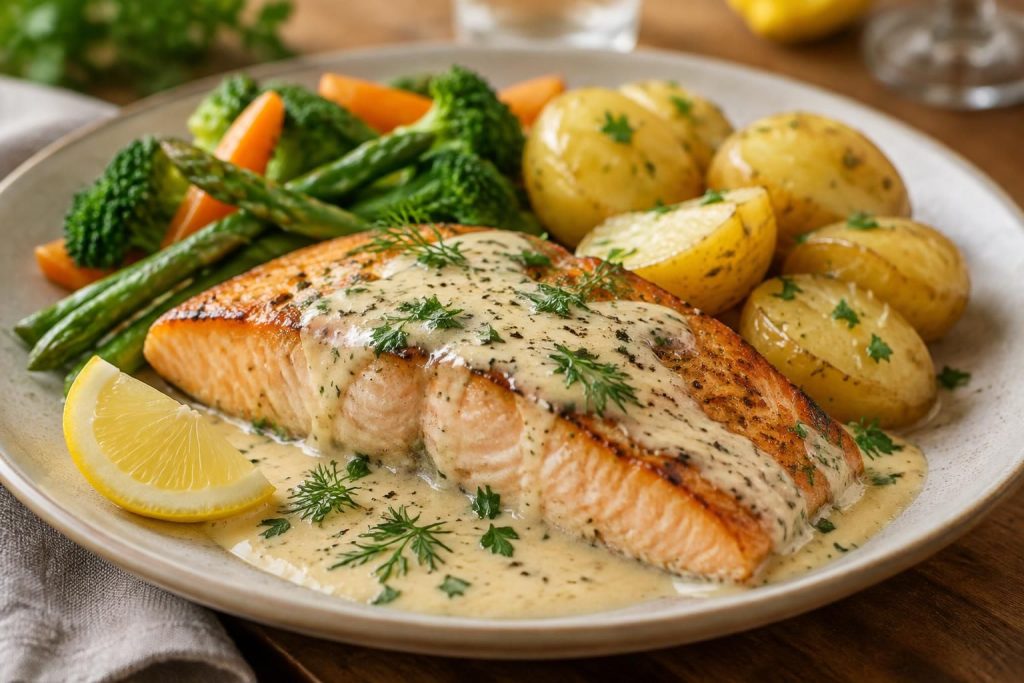 découvrez une recette simple et délicieuse de pavé de saumon à la crème, tendre et savoureuse, idéale pour un repas gourmand prêt en quelques minutes.
